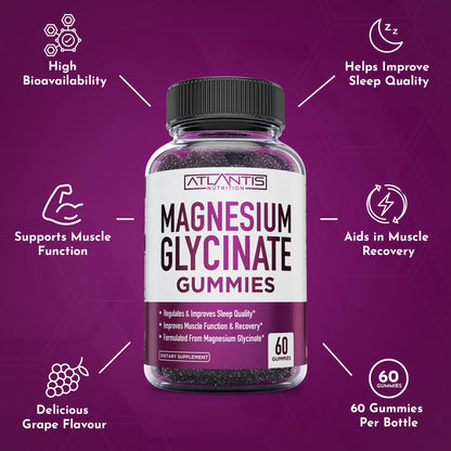 Atlantis Nutrition Magnesium Glycinate Gummies 700mg – Vegan Magnesium Glycinate for Kids & Adults | Sleep & Muscle Support | 60 Count