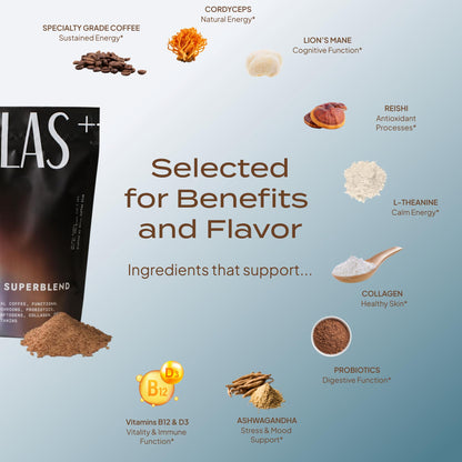 Atlas+ Coffee Superblend – Premium Mushroom Coffee with Collagen, Probiotics, D3 & B12 | 28 Servings