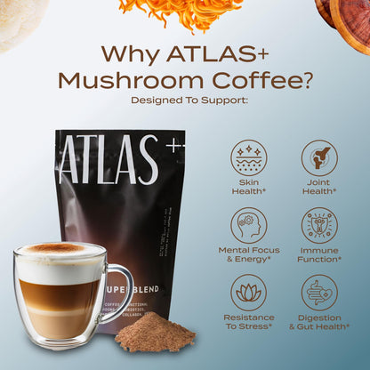 Atlas+ Coffee Superblend – Premium Mushroom Coffee with Collagen, Probiotics, D3 & B12 | 28 Servings