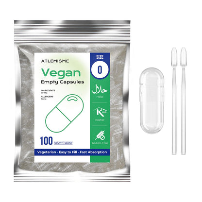 ATLEMISME Empty Vegan Capsules Size 0 - 100 Count | DIY Veggie Capsule Filling (2 Micro Lab Spoons)