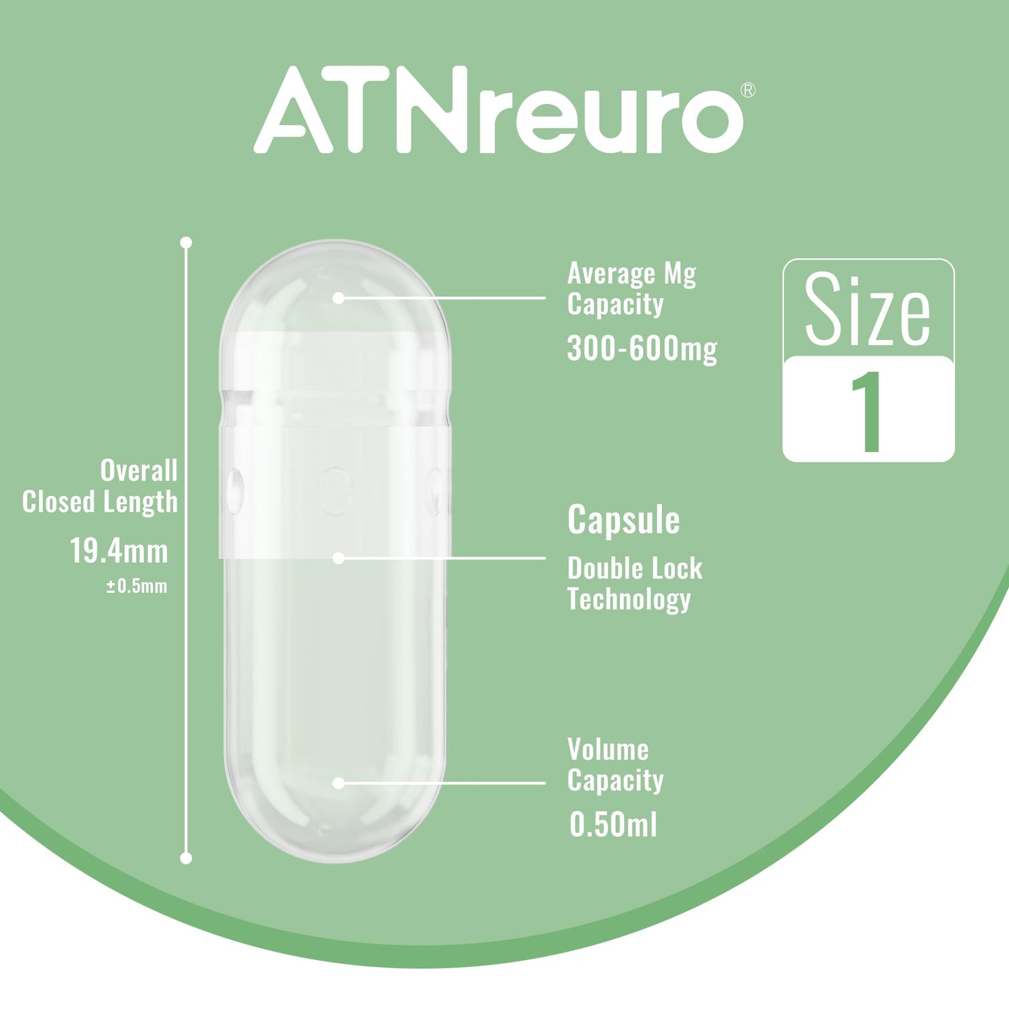 ATNreuro Size 1 Empty Gelatin Capsules – 100 Count Clear Capsule with 2 Micro Spoons for Powders & Supplements