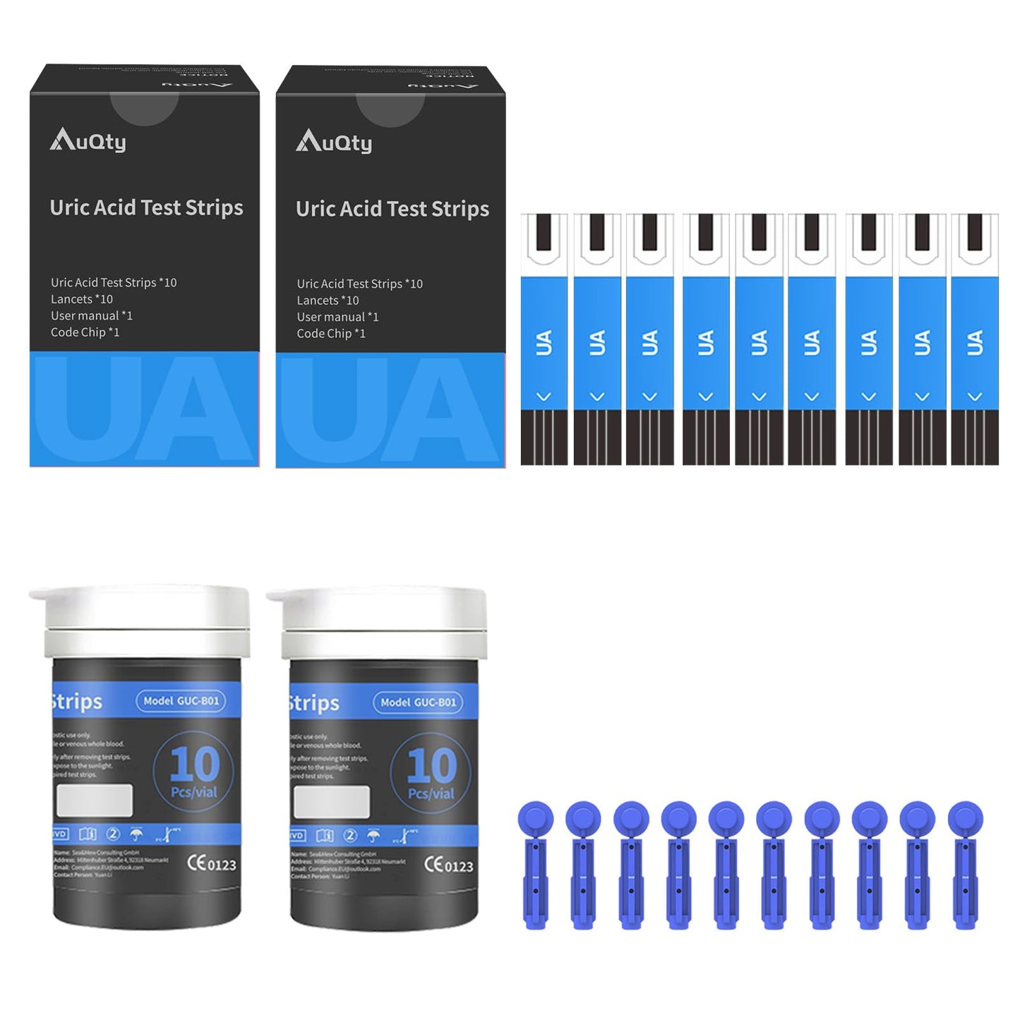 AuQty GUC-B01 UA Test Strips 20Pcs, 20 Lancets, Suitable for AuQty GUC-B01 Cholesterol Tester Meter (Meter Not Included)