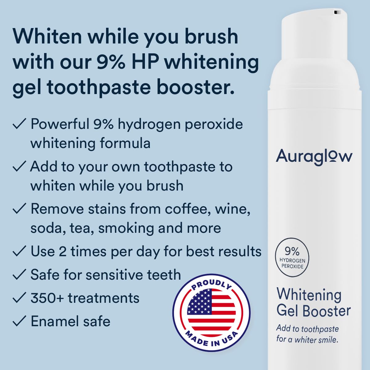 Auraglow Whitening Toothpaste Booster – 9% Hydrogen Peroxide Gel, 2.6oz