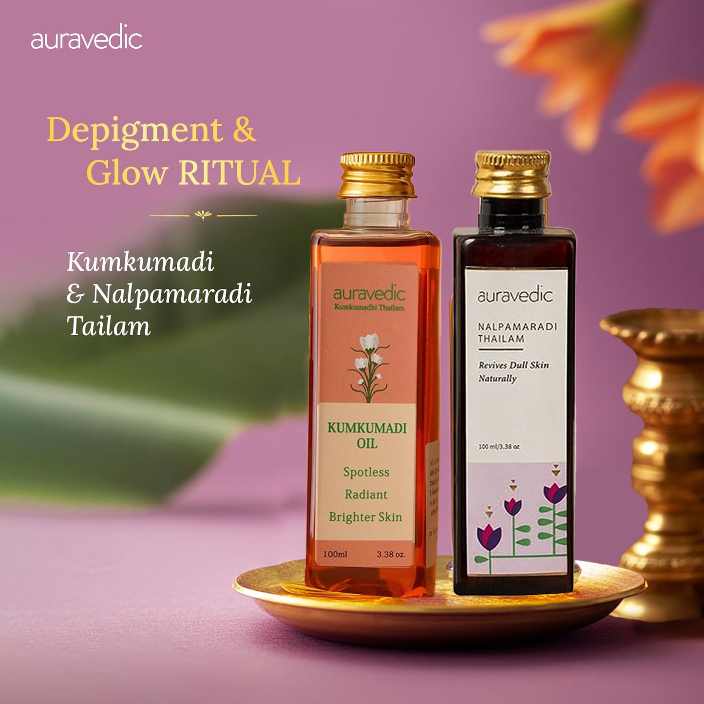 Auravedic Kumkumadi & Nalpamaradi Thailam Combo – Ayurvedic Face & Body Oil (3.38 oz, Pack of 2)
