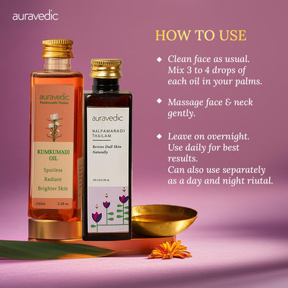 Auravedic Kumkumadi & Nalpamaradi Thailam Combo – Ayurvedic Face & Body Oil (3.38 oz, Pack of 2)