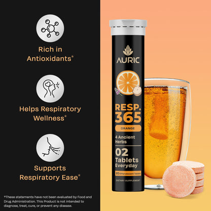 Auric Resp 365 Supplement 80 Tablets | Natural Lung Cleanse & Detox with NAC, Pushkarmool, Piper Longum & Licorice Extract