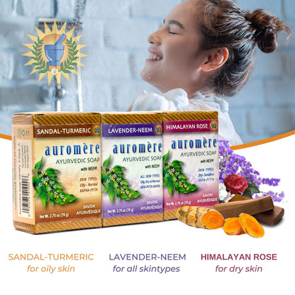 Auromere Ayurvedic Soap Variety Pack – 3 x 2.75oz Handmade Vegan Bars with Neem & Ayurvedic Herbs