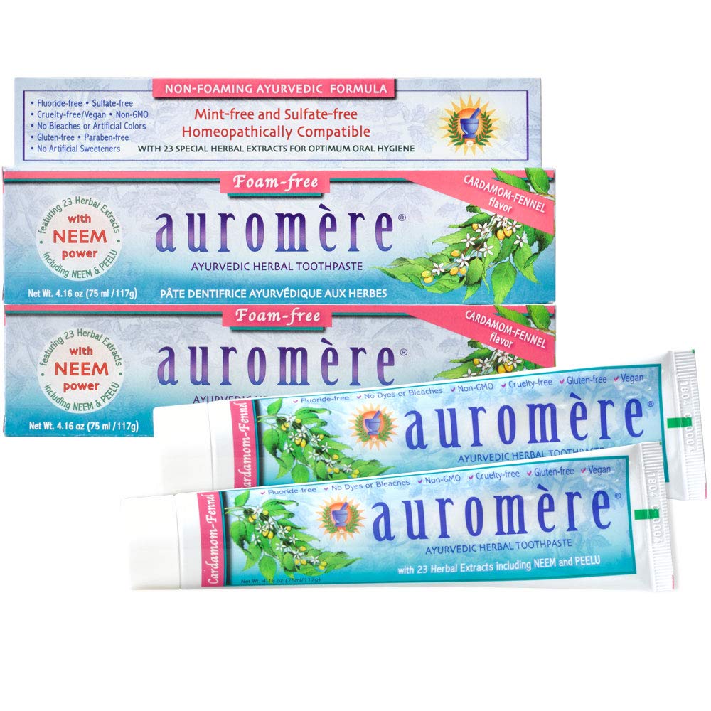 Auromere Ayurvedic Toothpaste – Cardamom Fennel, Foam-Free, Fluoride-Free, Vegan (2 Pack)