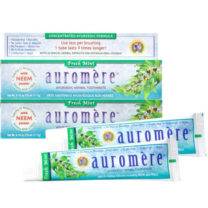 Auromere Ayurvedic Herbal Toothpaste - Fresh Mint, 4.16 oz, 2 Pack | Vegan, Fluoride Free, Gluten Free