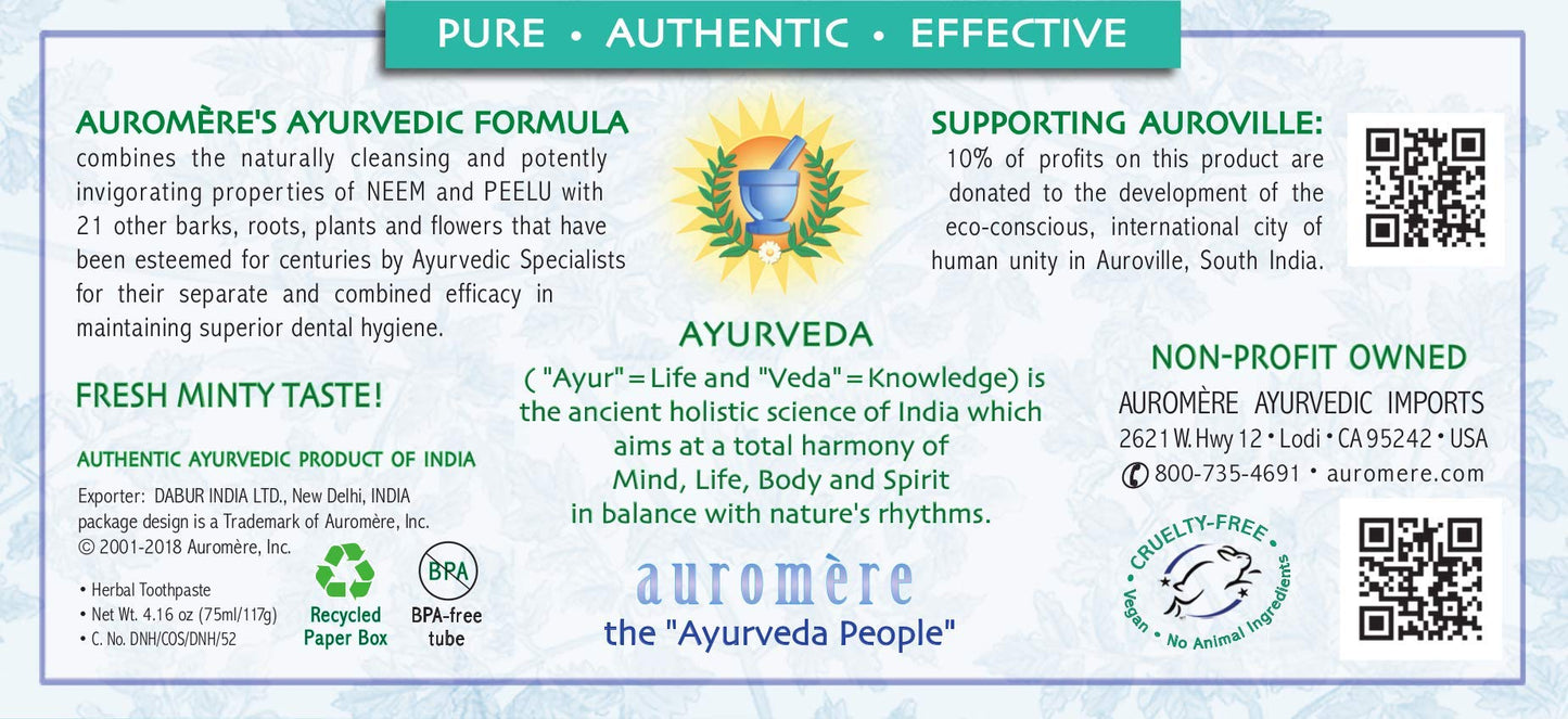 Auromere Ayurvedic Herbal Toothpaste - Fresh Mint, 4.16 oz, 2 Pack | Vegan, Fluoride Free, Gluten Free