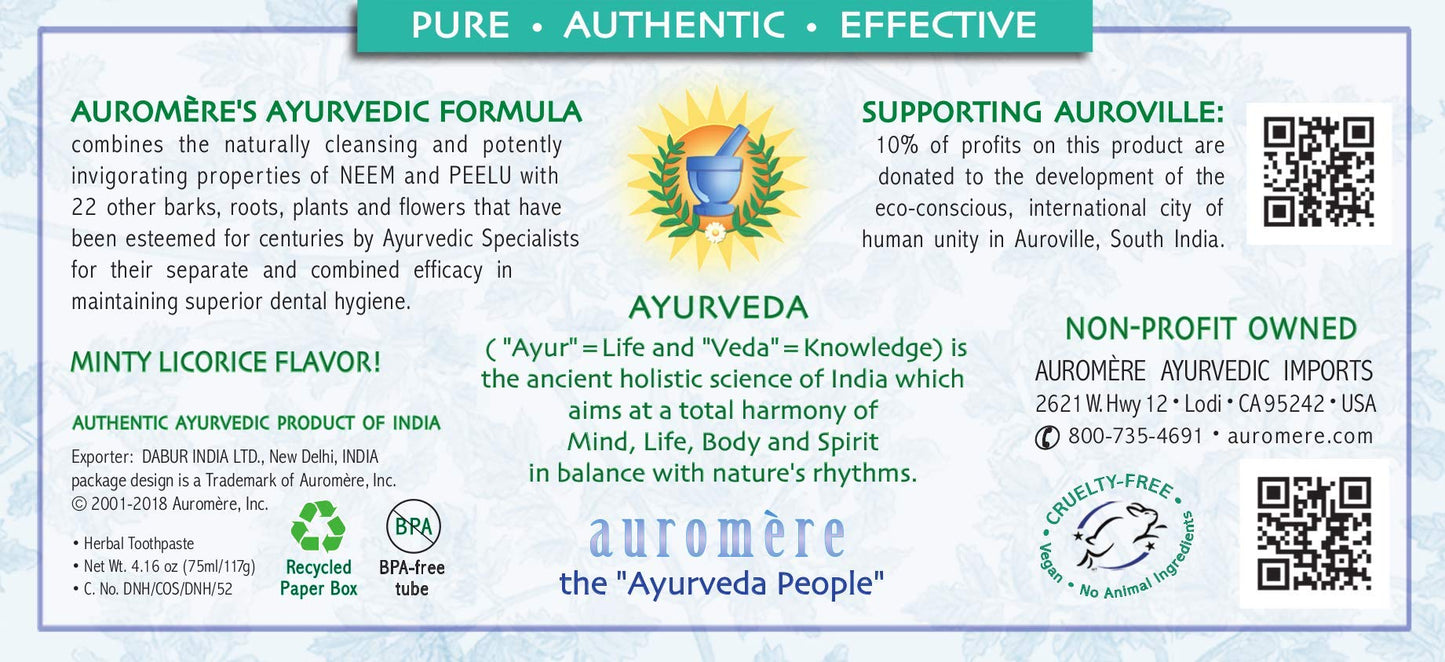Auromere Ayurvedic Toothpaste – Licorice, Neem & Peelu (4.16 oz) – Vegan & Fluoride Free