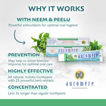 Auromere Ayurvedic Toothpaste – Fresh Mint, 4.16 oz, Vegan, Fluoride-Free, Gluten-Free | Neem & Peelu | 1 Pack