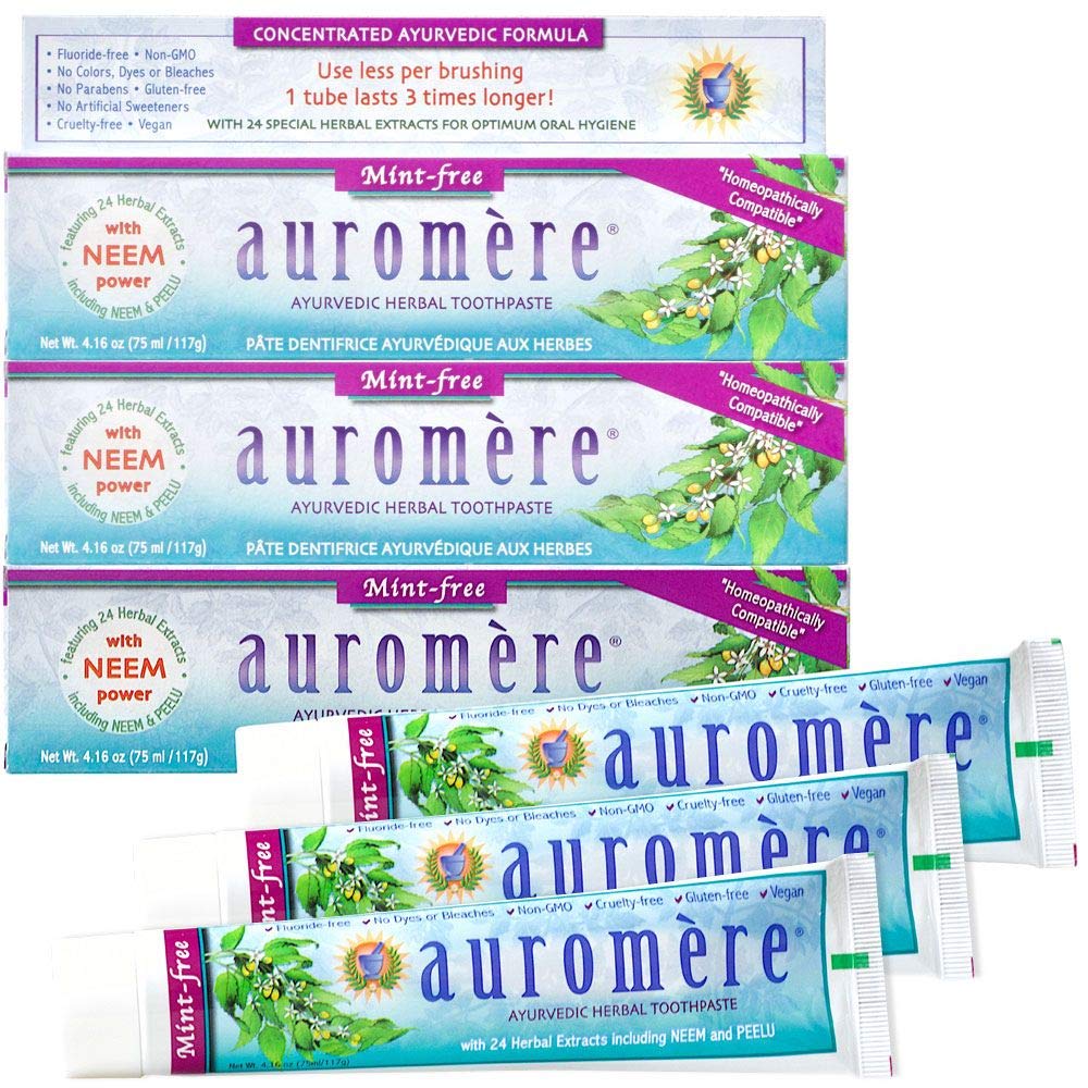 Auromere Ayurvedic Herbal Toothpaste – Mint Free, Neem & Peelu (3 Pack)
