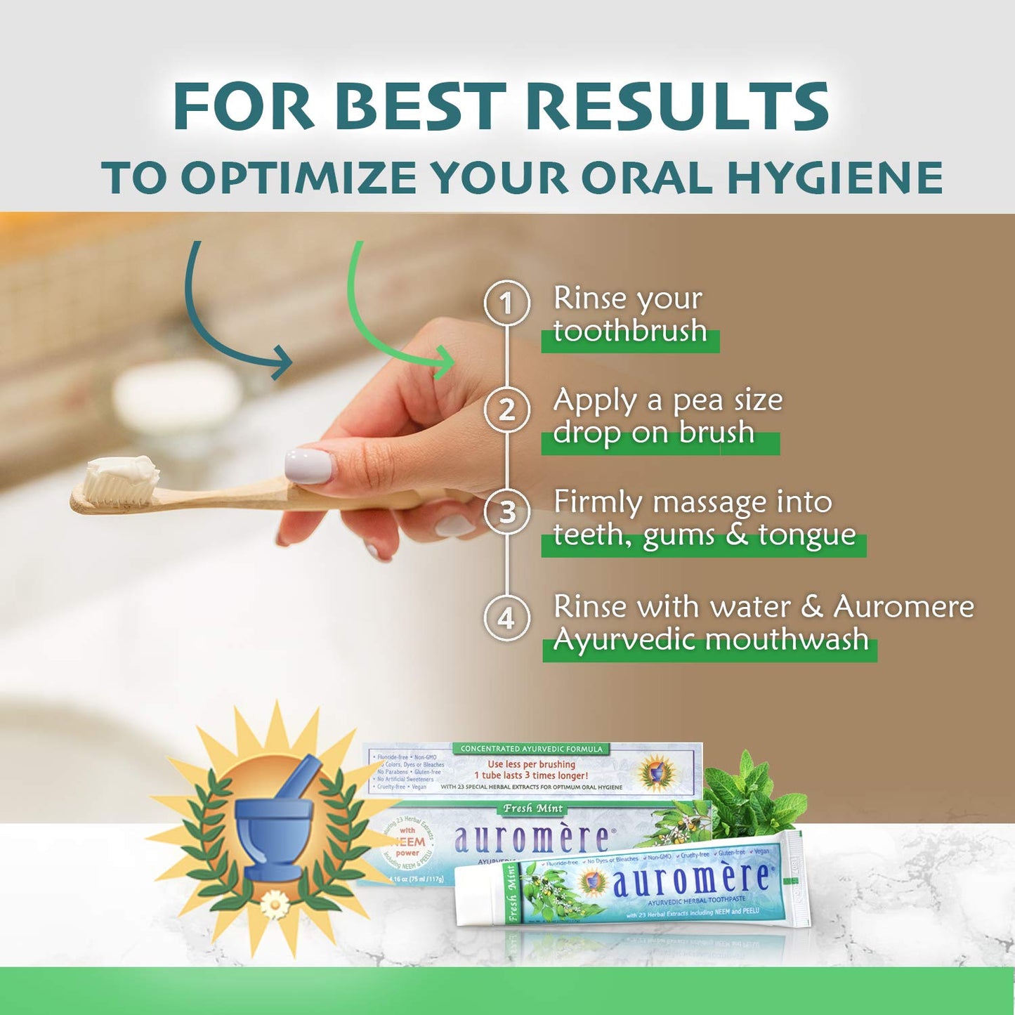 Auromere Ayurvedic Toothpaste – Fresh Mint, 4.16 oz, Vegan, Fluoride-Free, Gluten-Free | Neem & Peelu | 1 Pack