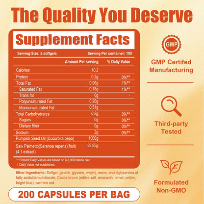 Aurove Pumpkin Seed Oil with Saw Palmetto Capsules — Cold Pressed, 200 Softgels