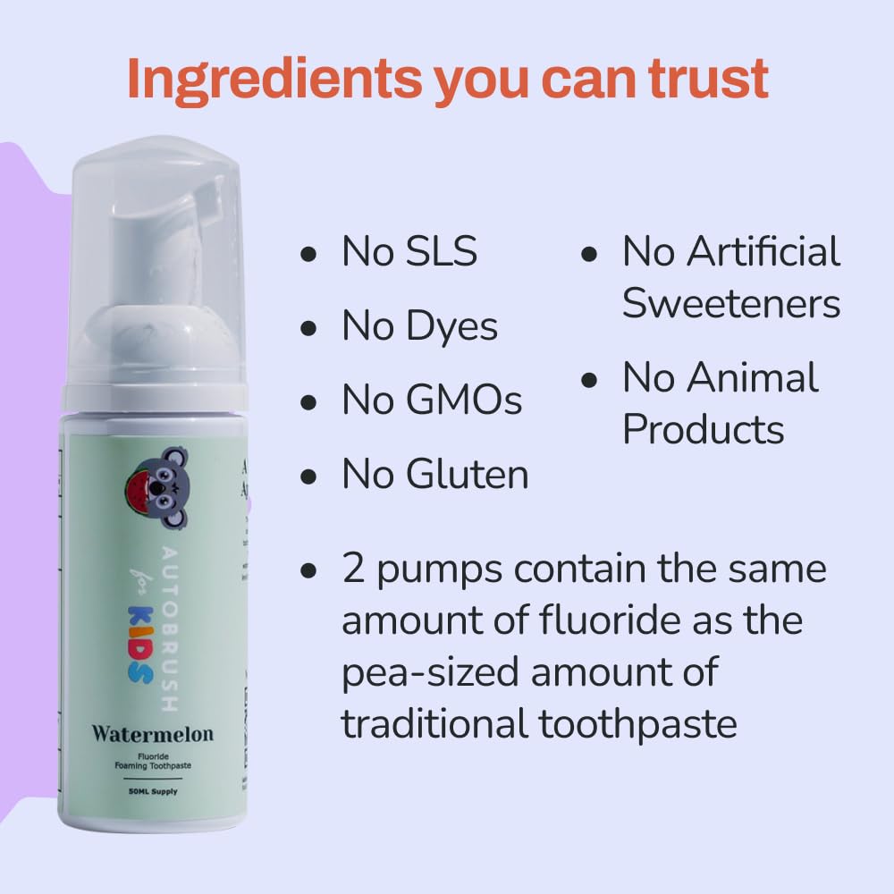 autobrush Fluoride Foaming Toothpaste for Kids - Watermelon Flavor, Whitening & Deep Cleaning