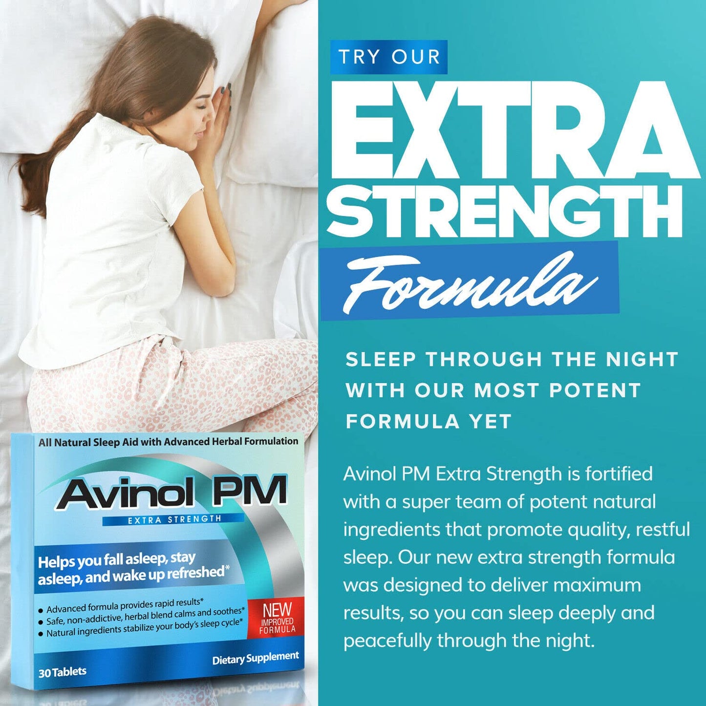 Avinol PM Extra Strength – Natural Sleep Supplement (30ct) | One-Tablet Convenience