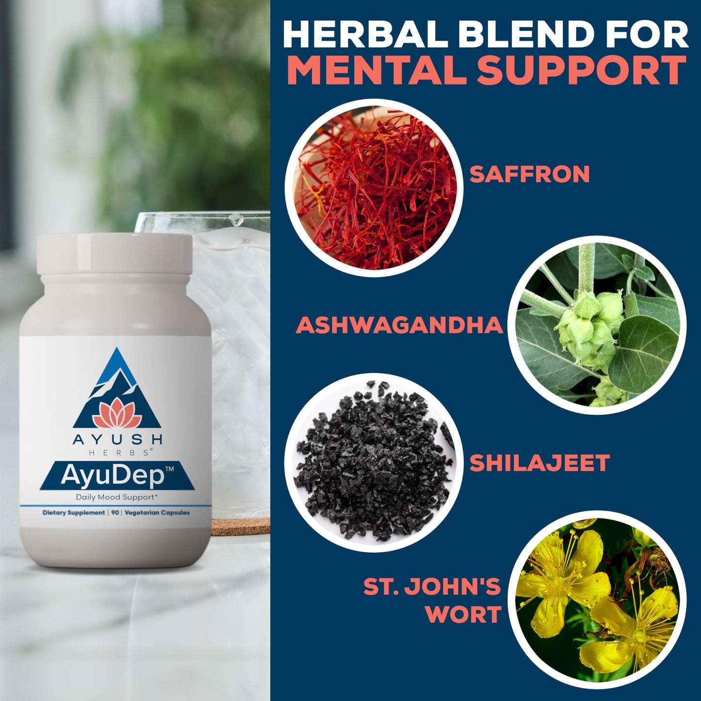 AyuDep Saffron & Ashwagandha Supplements for Adults | Ayush Herbs | 90 Vegetarian Capsules