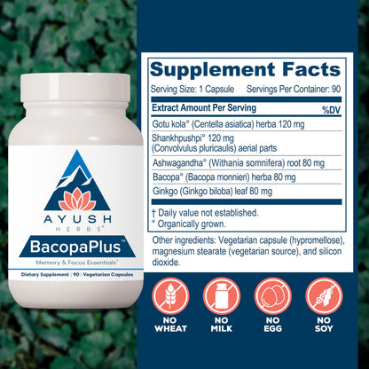Ayush Herbs BacopaPlus – Organic Bacopa for Memory & Focus (90 VCaps)