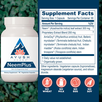 Ayush Herbs Neem Plus - Digestive Health, Skin & Immune Support, 90 Vegetarian Capsules