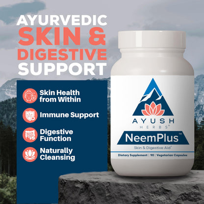 Ayush Herbs Neem Plus - Digestive Health, Skin & Immune Support, 90 Vegetarian Capsules