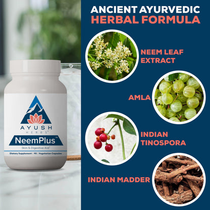 Ayush Herbs Neem Plus - Digestive Health, Skin & Immune Support, 90 Vegetarian Capsules