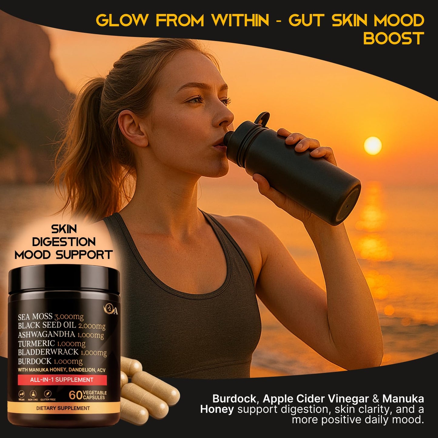 AZ ApexZone True Sea Moss Complex – Black Seed Oil, Ashwagandha, Burdock, Turmeric & Manuka Honey – 60 Capsules