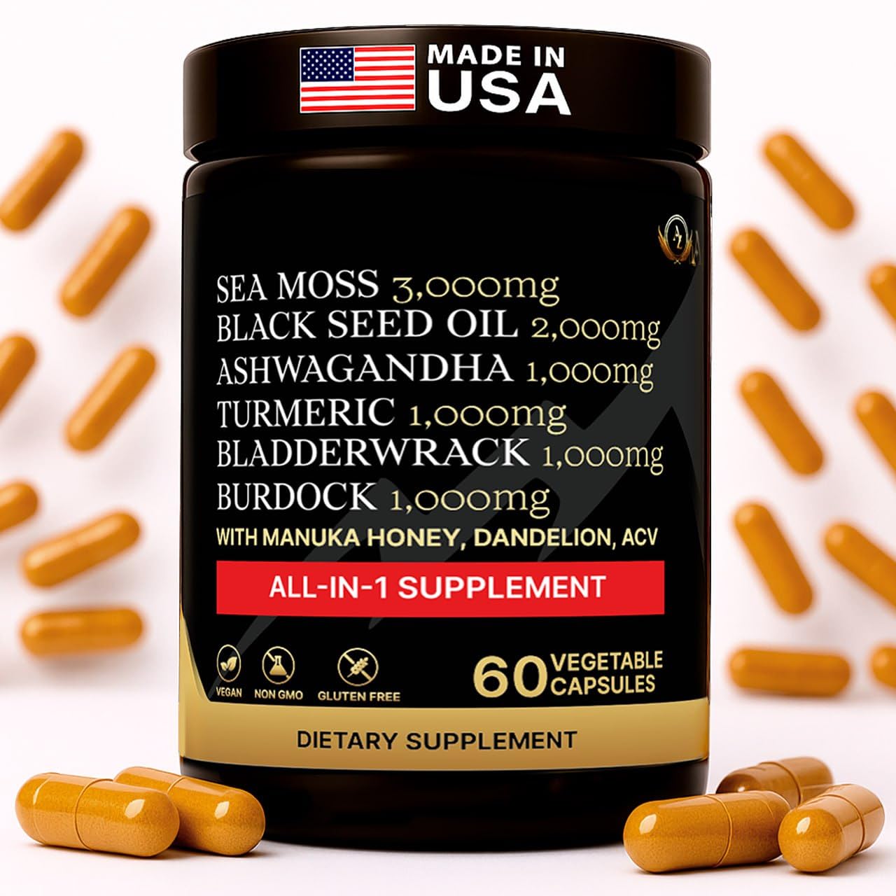 AZ ApexZone True Sea Moss Complex – Black Seed Oil, Ashwagandha, Burdock, Turmeric & Manuka Honey – 60 Capsules