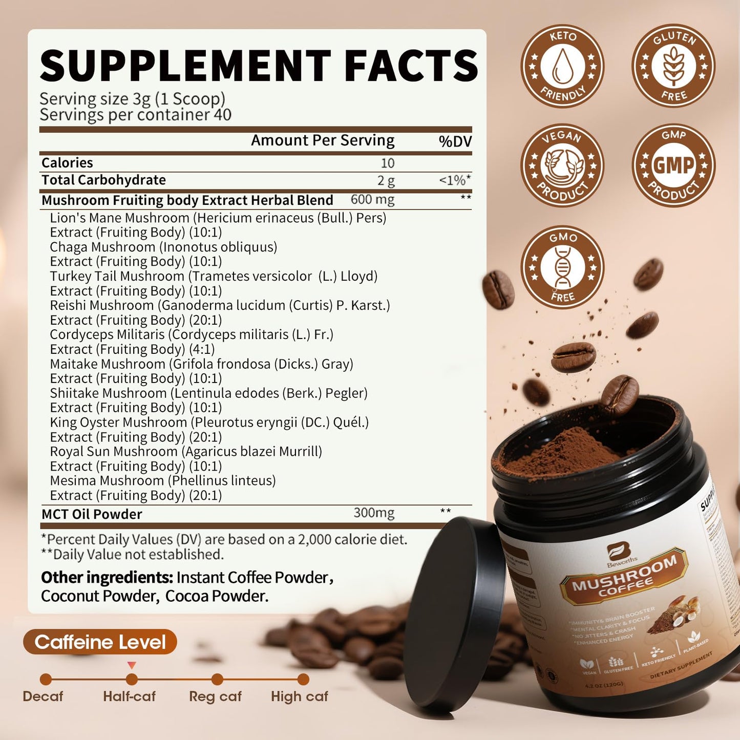 B BEWORTHS Mushroom Coffee with MCT Oil - 10-Mushroom Blend (Arabica) for Focus, Immunity, Gut & Brain Health | Vegan, Keto