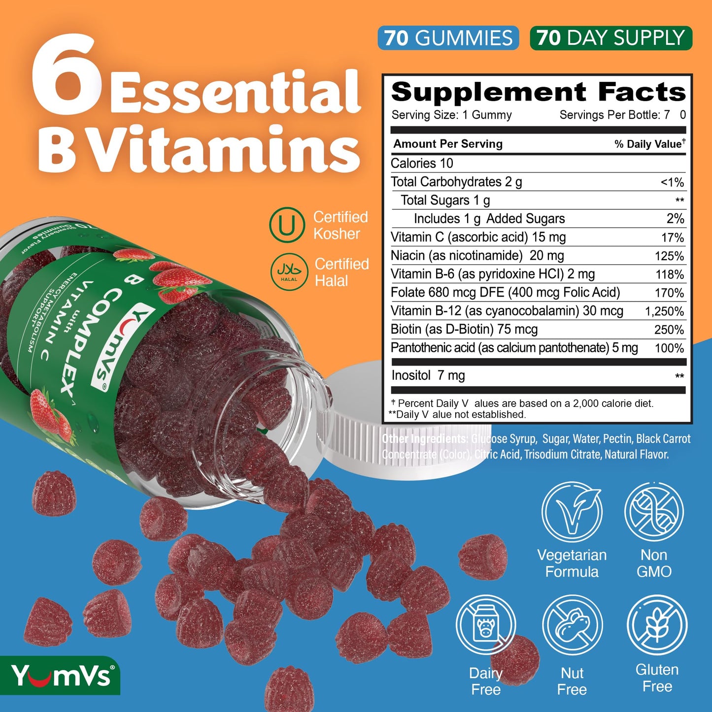 B Complex Gummies with Vitamin C – 1 A Day Energy & Nervous System Support (Vegan, Kosher, Non-GMO) – 70 Count