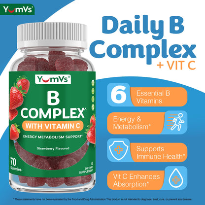 B Complex Gummies with Vitamin C – 1 A Day Energy & Nervous System Support (Vegan, Kosher, Non-GMO) – 70 Count
