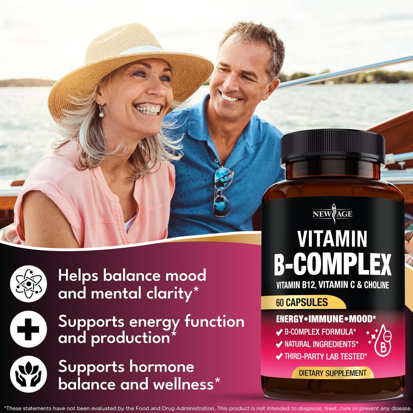 NEW AGE Vitamin B Complex for Men & Women — Made in USA, 180 Vegan Capsules