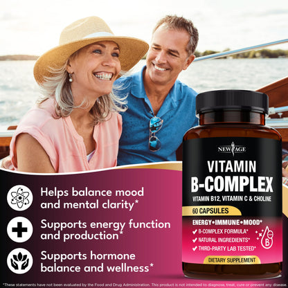 NEW AGE Vitamin B Complex for Men & Women — Made in USA, 180 Vegan Capsules