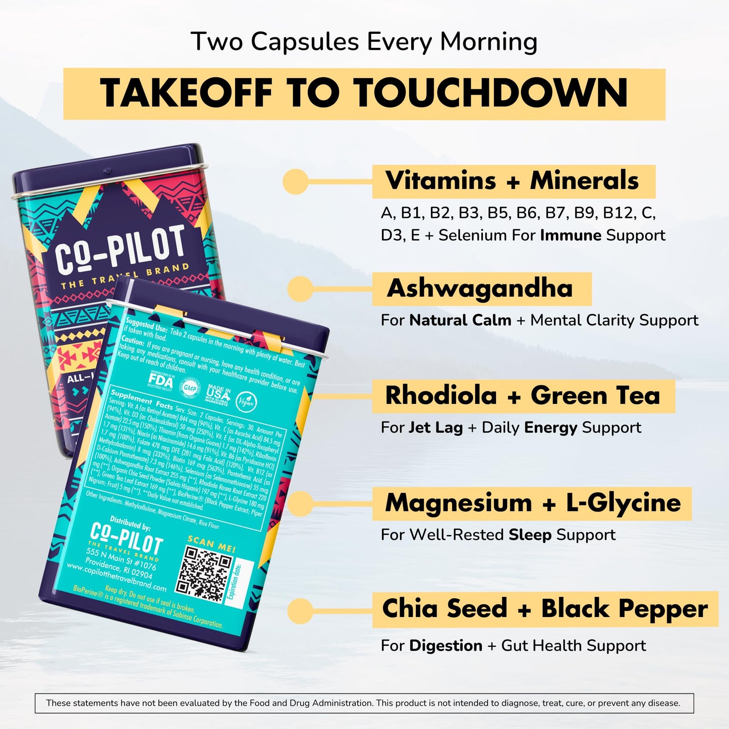 Co-Pilot Travel Vitamin: Jet Lag, Immunity, Digestion & Calm | Vegan, 60 Count