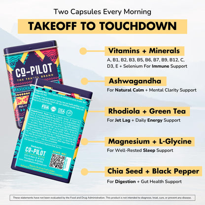 Co-Pilot Travel Vitamin: Jet Lag, Immunity, Digestion & Calm | Vegan, 60 Count