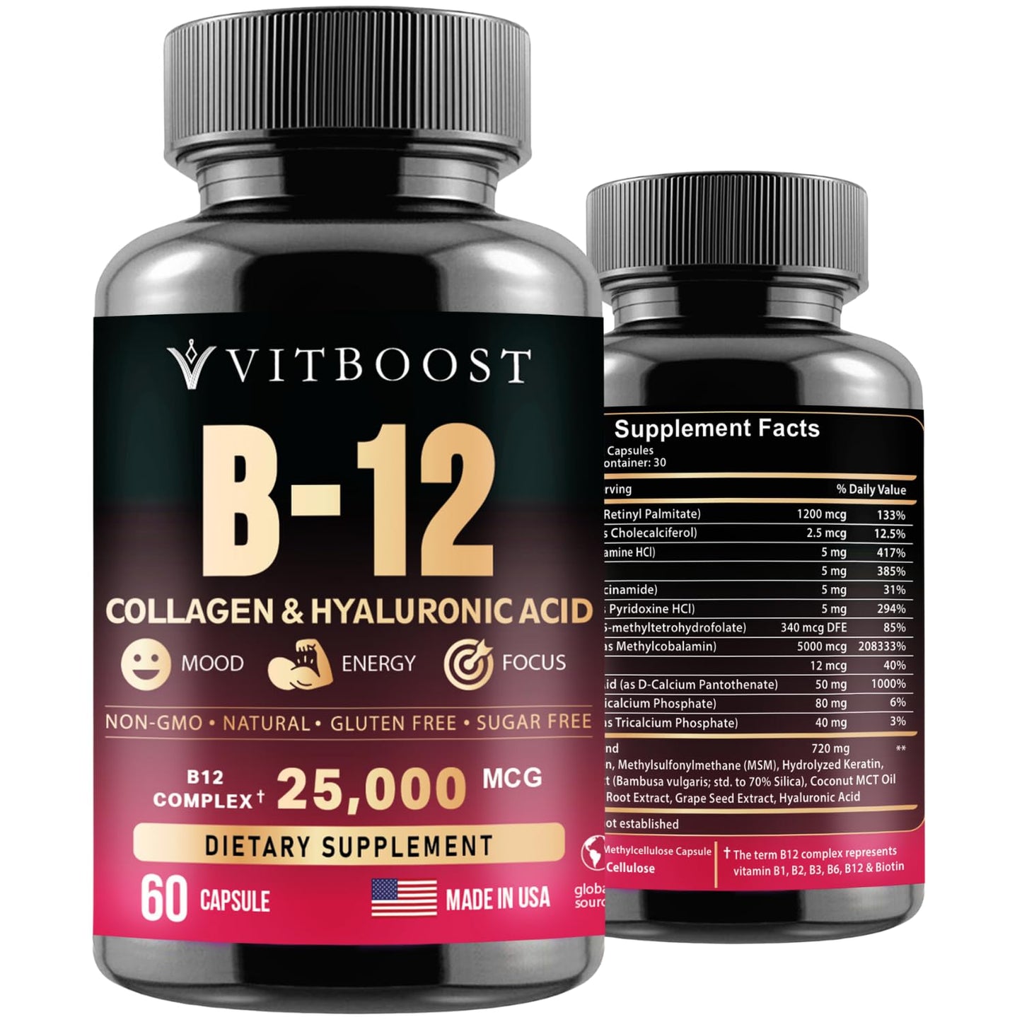 B12 25,000 mcg Complex with Hyaluronic Acid, Collagen & Folate – 60 Caps | USA Made