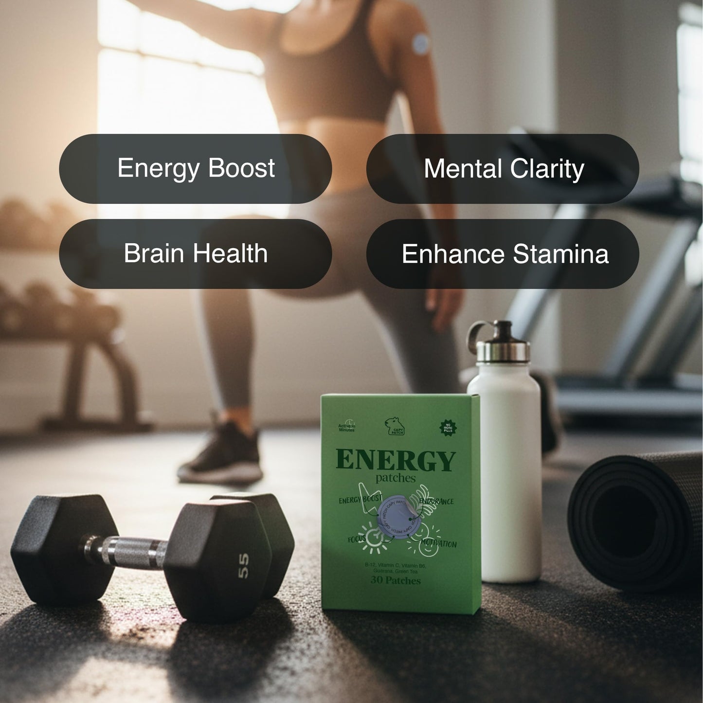 B12 Vitamin Energy Patch with Caffeine, Green Tea Extract & Guarana – 30 Count | 12-Hour Plant-Based Boost