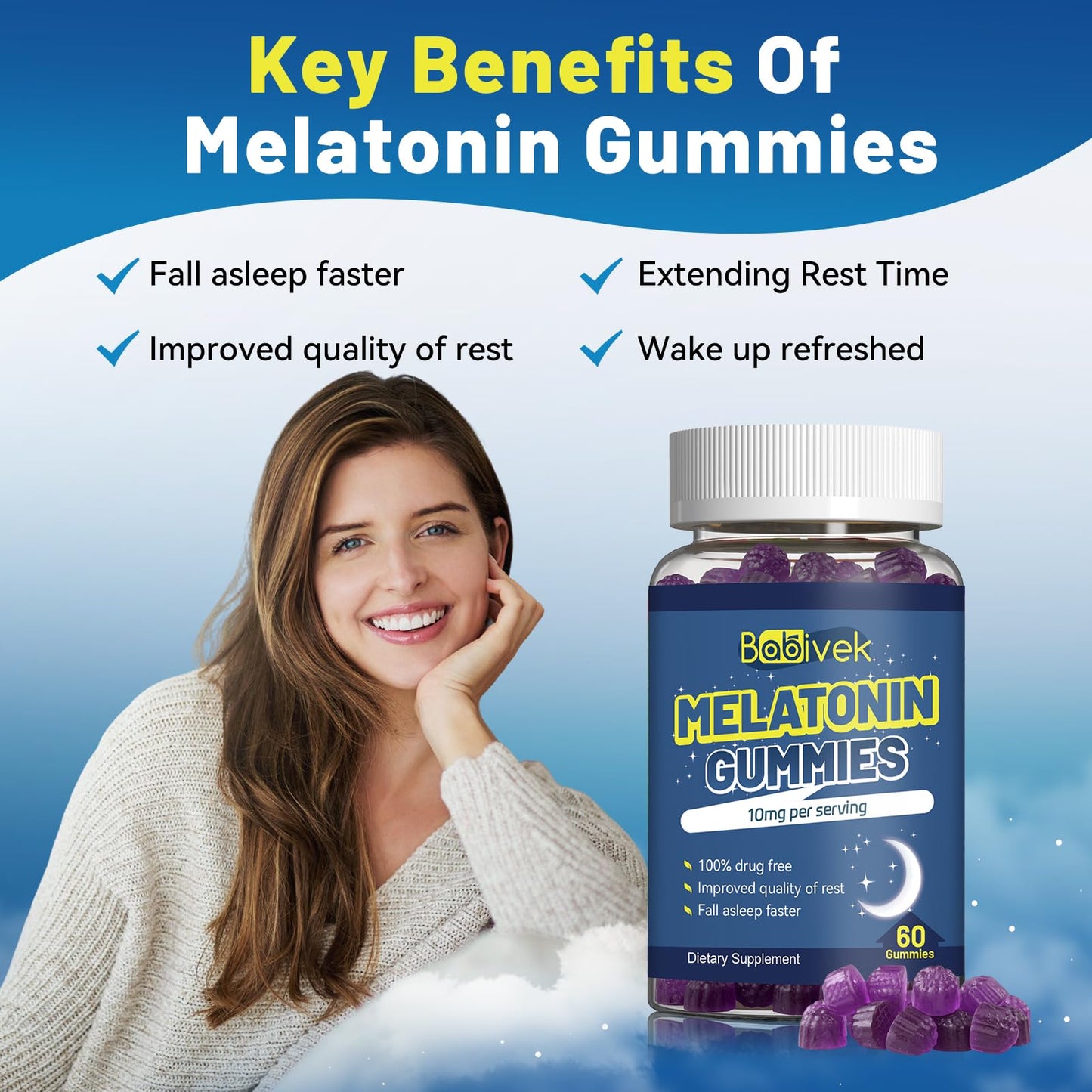 Babivek Melatonin Gummies 10mg – Sleep Support, Berry Flavor, 60 Count