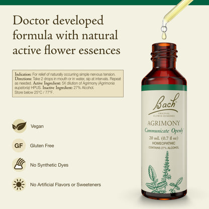 Bach Agrimony Original Flower Remedies - Communicate Openly, 20mL Dropper, Vegan