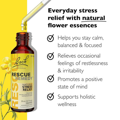 Bach Rescue Remedy Dropper 20mL – Natural Stress Relief, Homeopathic, Vegan, Gluten-Free & Non-Habit Forming