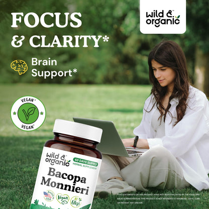 Wild & Organic Bacopa Capsules 600 mg – Brain Support, Vegan, Non-GMO