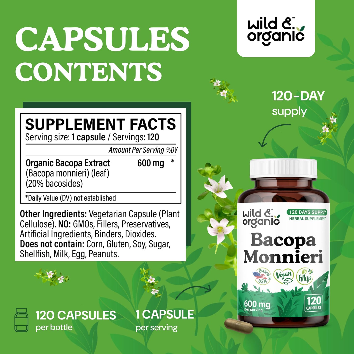 Wild & Organic Bacopa Monnieri Capsules 600 mg | Brain Support | 120-Count | Vegan