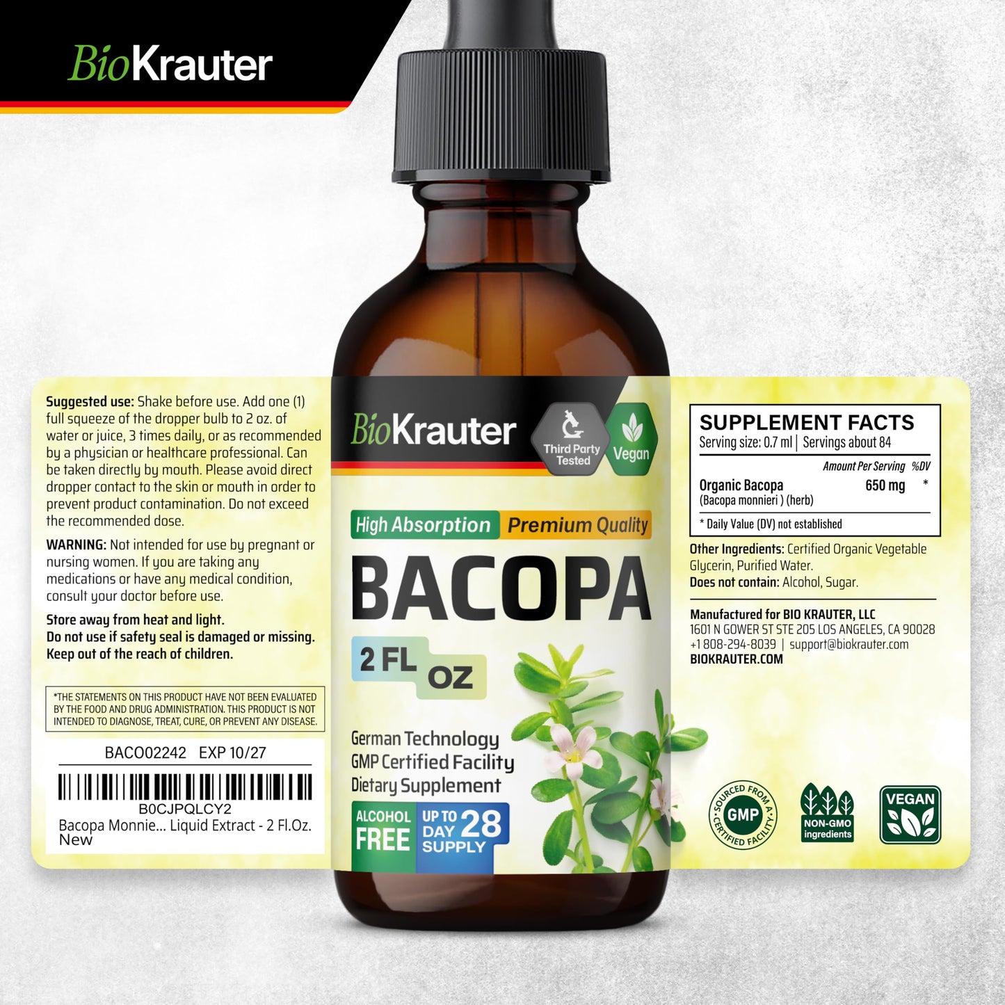 BIO KRAUTER Bacopa Monnieri Drops – Vegan Brahmi Brain Support 2 Fl Oz