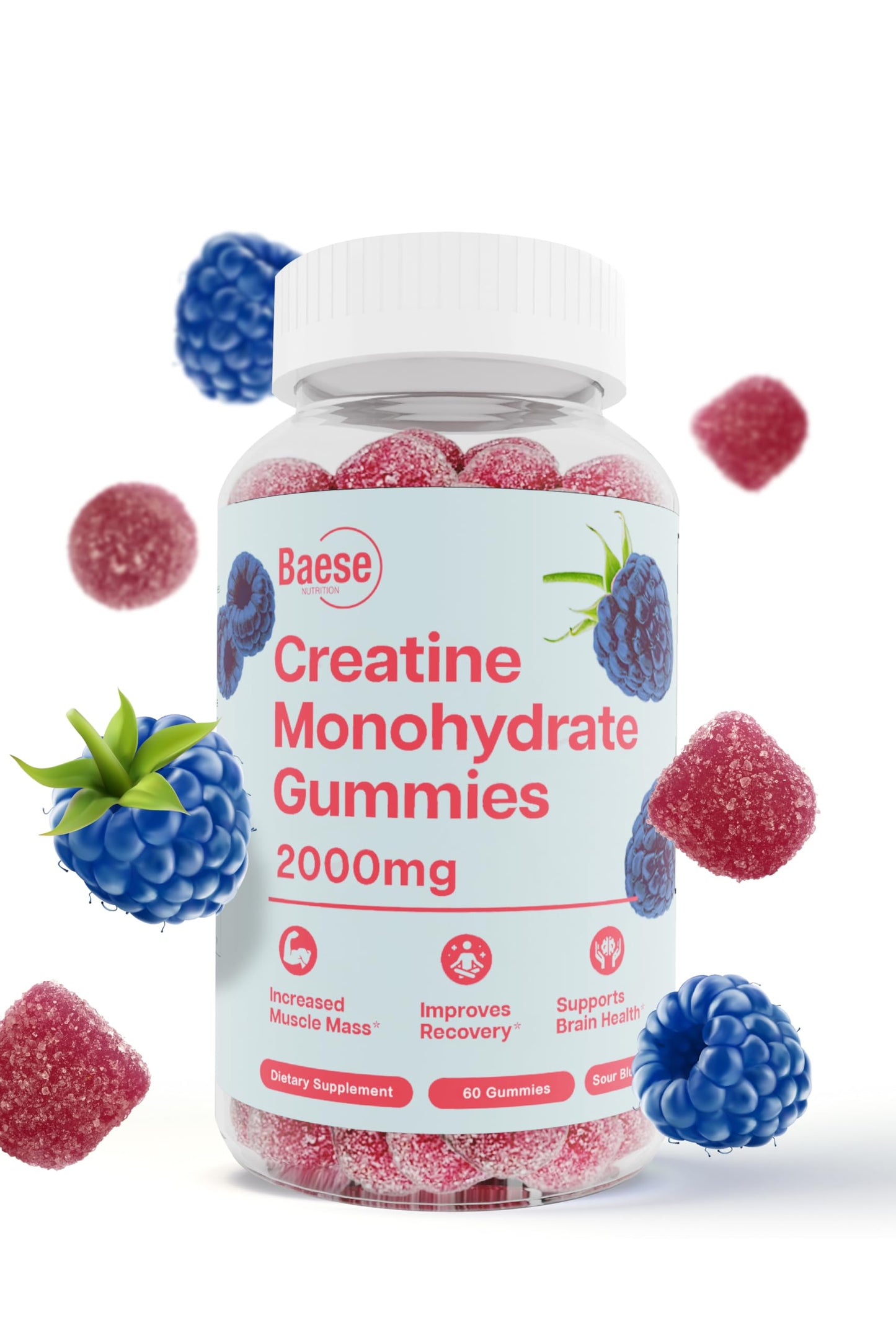 Baese Nutrition Creatine Monohydrate Gummies – Sour Blue Raspberry, 2000mg