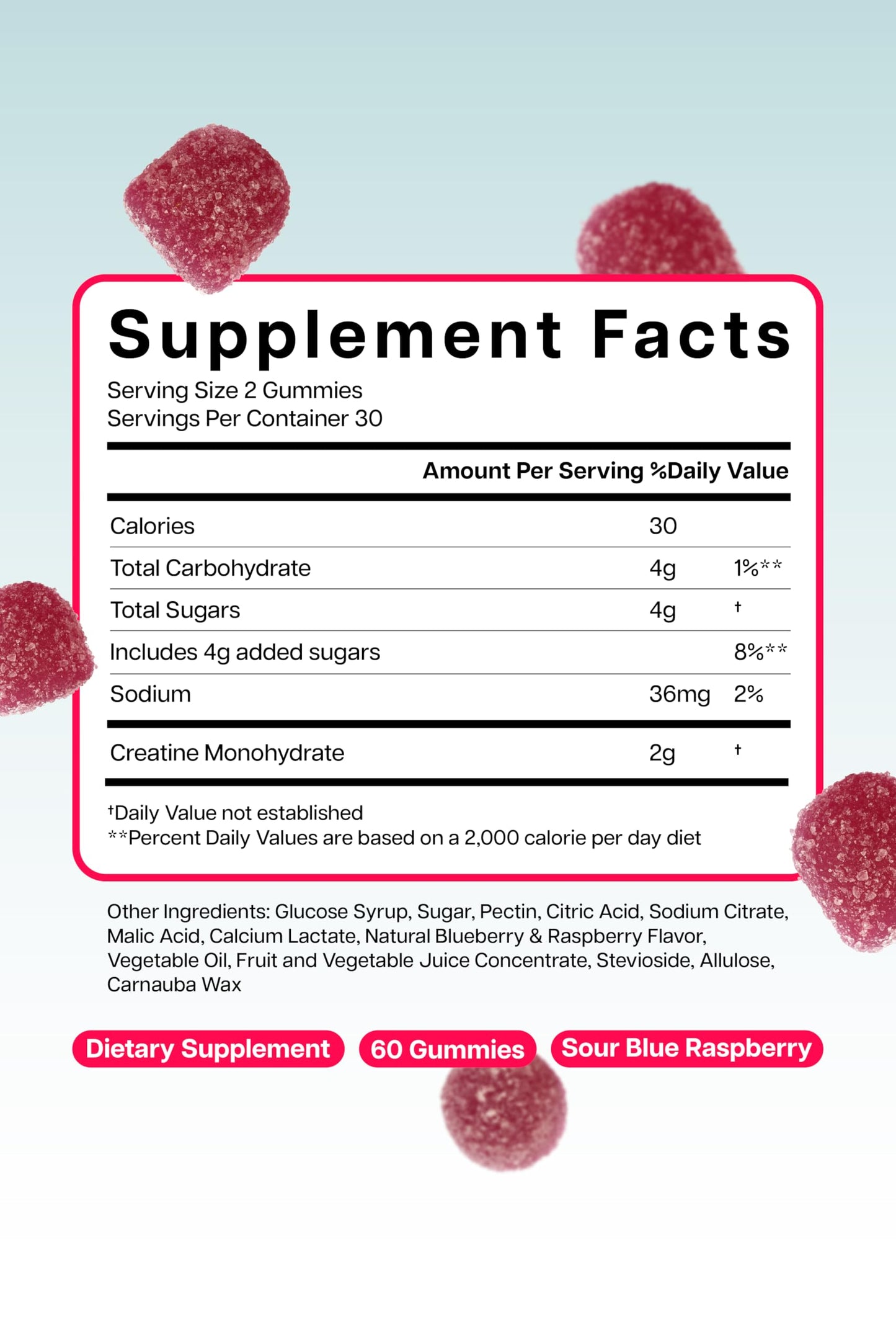 Baese Nutrition Creatine Monohydrate Gummies – Sour Blue Raspberry, 2000mg