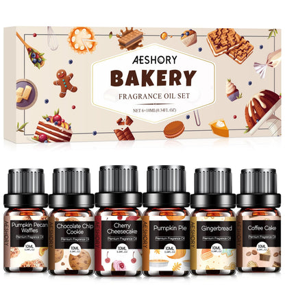 Bakery Essential Oils Set 6x10ML – Pumpkin Pie, Coffee Cake, Gingerbread, Cherry Cheesecake for Diffusers & Candle Making