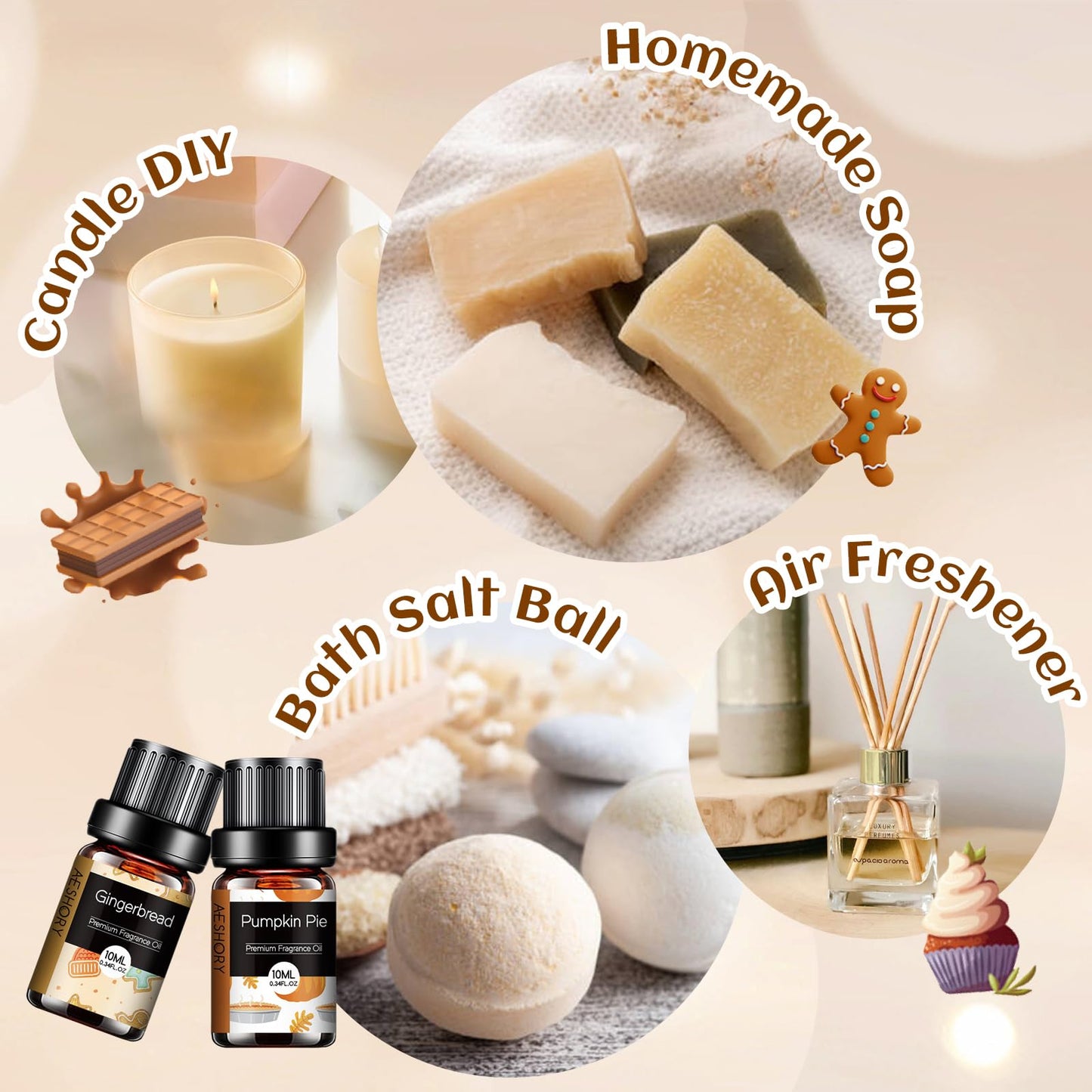 Bakery Essential Oils Set 6x10ML – Pumpkin Pie, Coffee Cake, Gingerbread, Cherry Cheesecake for Diffusers & Candle Making