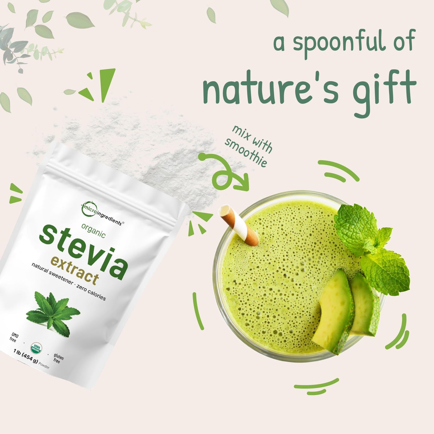 Micro Ingredients Pure Organic Stevia Powder – 1 lb Reb-A Green Leaf, Zero Calorie, Keto Friendly