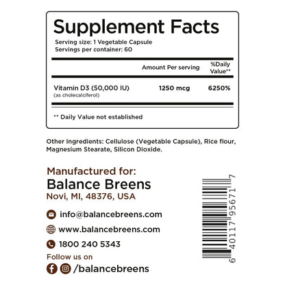 Balancebreens Vitamin D3 50,000 IU – 60 Veggie Capsules | Immune & Bone Health