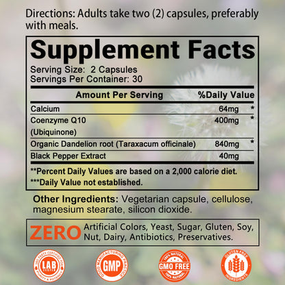 Balincer CoQ10 400mg | 3x Absorption with Organic Dandelion & Black Pepper, 60 Veggie Capsules